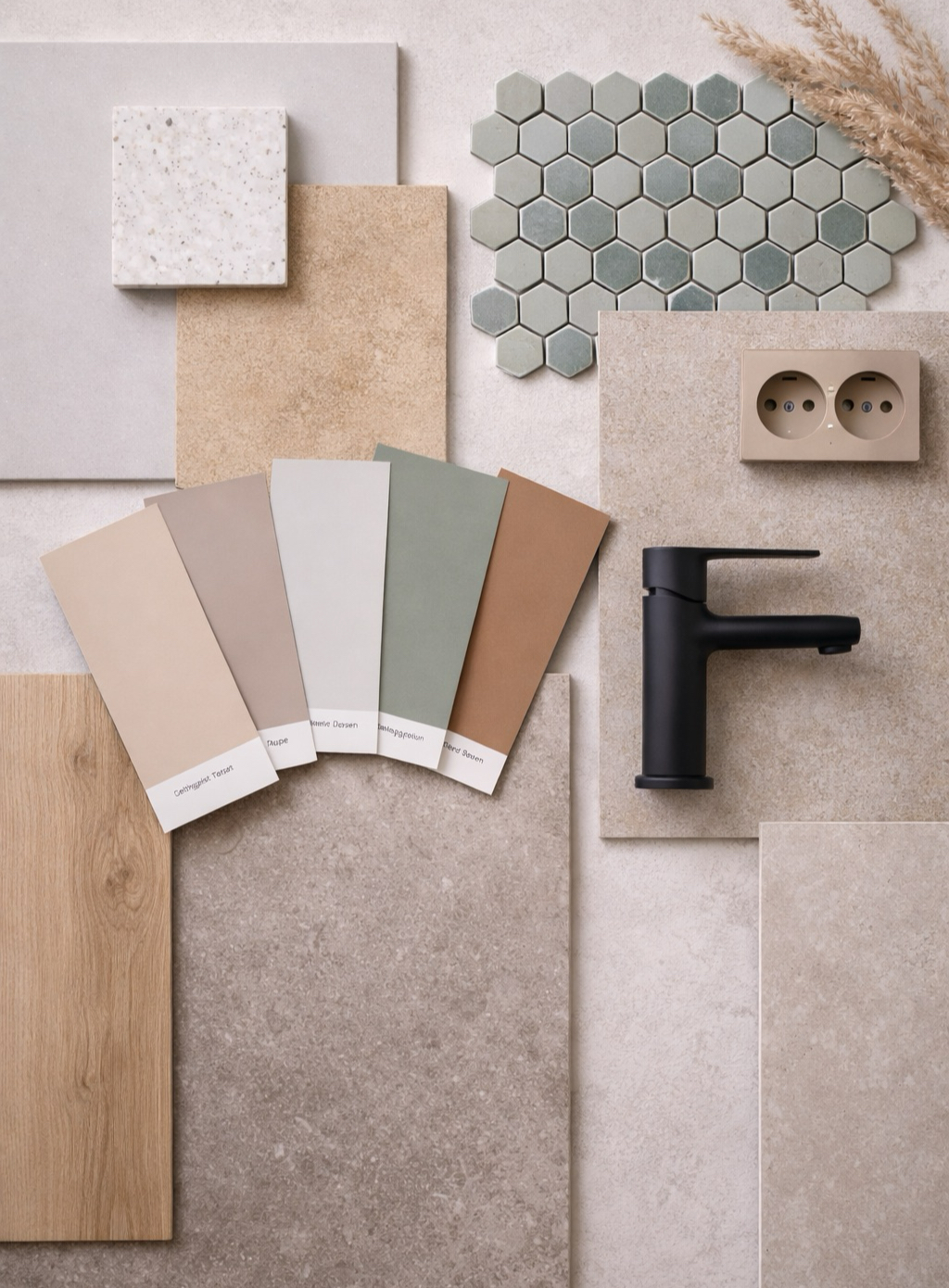 Material-Moodboard mit Fliesen, Farben und Armaturen